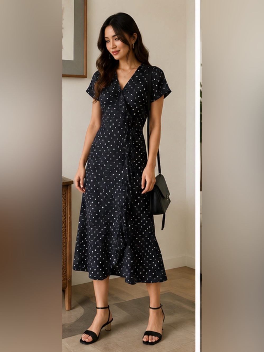 Talbots Black Polka Dot Wrap-Style Midi Dress
